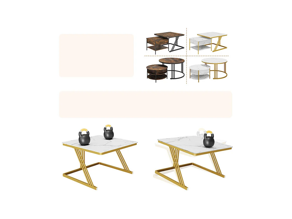 Nest-Beistelltische quadratisch, mit klappbarer Platte, goldene Metallfüße, max. Belastung 80kg, Weiß und gold