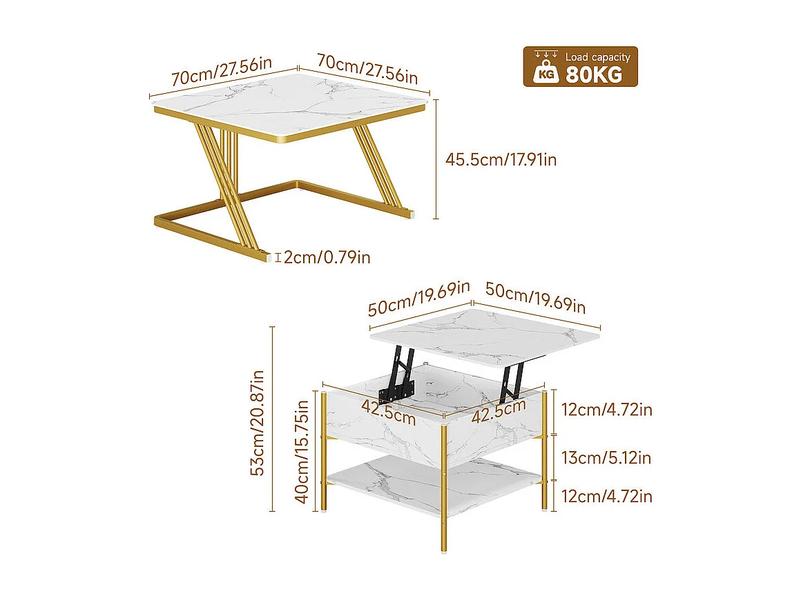 Nest-Beistelltische quadratisch, mit klappbarer Platte, goldene Metallfüße, max. Belastung 80kg, Weiß und gold