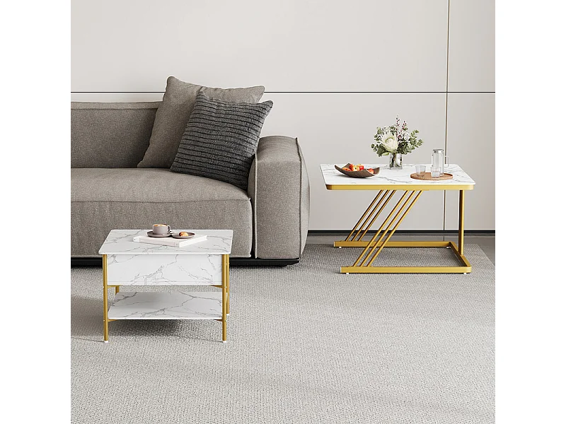 Nest-Beistelltische quadratisch, mit klappbarer Platte, goldene Metallfüße, max. Belastung 80kg, Weiß und gold