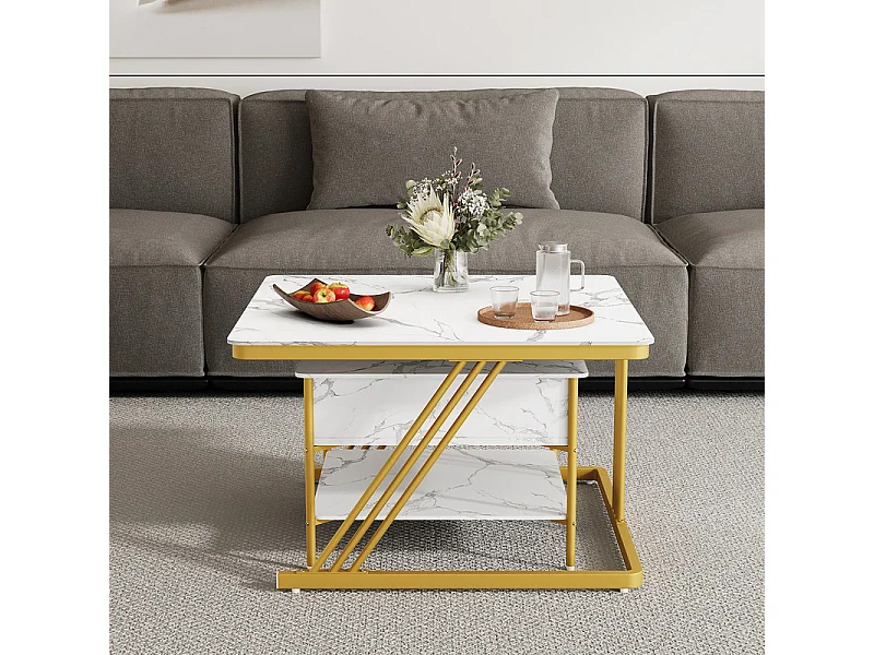 Nest-Beistelltische quadratisch, mit klappbarer Platte, goldene Metallfüße, max. Belastung 80kg, Weiß und gold