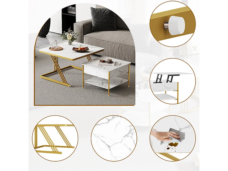 Nest-Beistelltische quadratisch, mit klappbarer Platte, goldene Metallfüße, max. Belastung 80kg, Weiß und gold