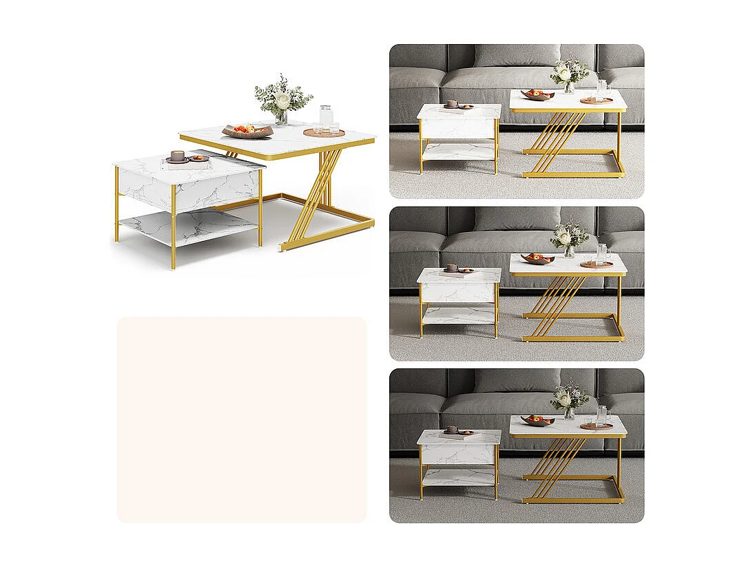 Nest-Beistelltische quadratisch, mit klappbarer Platte, goldene Metallfüße, max. Belastung 80kg, Weiß und gold