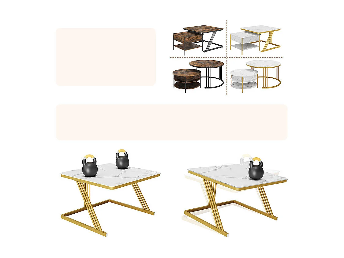 Nest-Beistelltische quadratisch, mit klappbarer Platte, goldene Metallfüße, max. Belastung 80kg, Weiß und gold