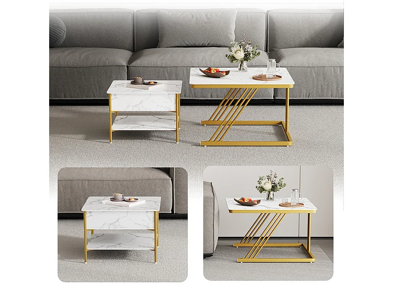 Nest-Beistelltische quadratisch, mit klappbarer Platte, goldene Metallfüße, max. Belastung 80kg, Weiß und gold