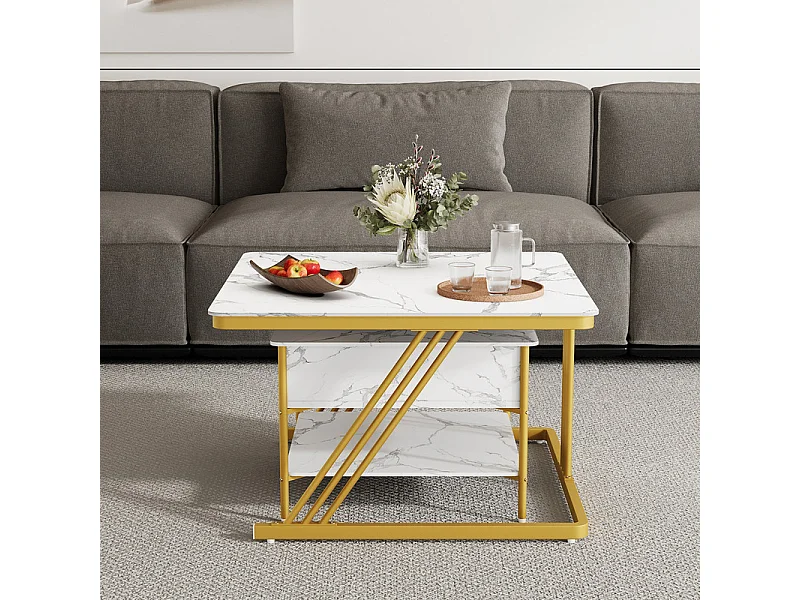 Tables basses gigognes carrée, avec plateau relevable, pieds de métal doré, charge max 80kg, Blanc et doré