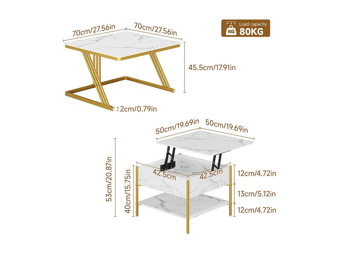 Tables basses gigognes carrée, avec plateau relevable, pieds de métal doré, charge max 80kg, Blanc et doré