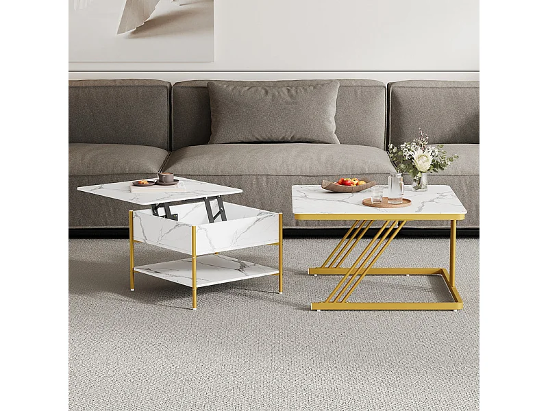 Tables basses gigognes carrée, avec plateau relevable, pieds de métal doré, charge max 80kg, Blanc et doré