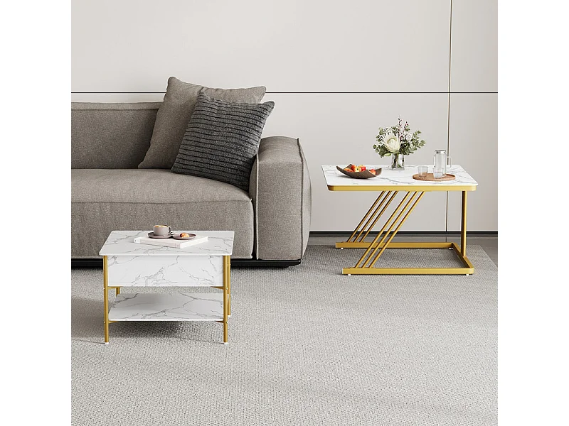 Tables basses gigognes carrée, avec plateau relevable, pieds de métal doré, charge max 80kg, Blanc et doré
