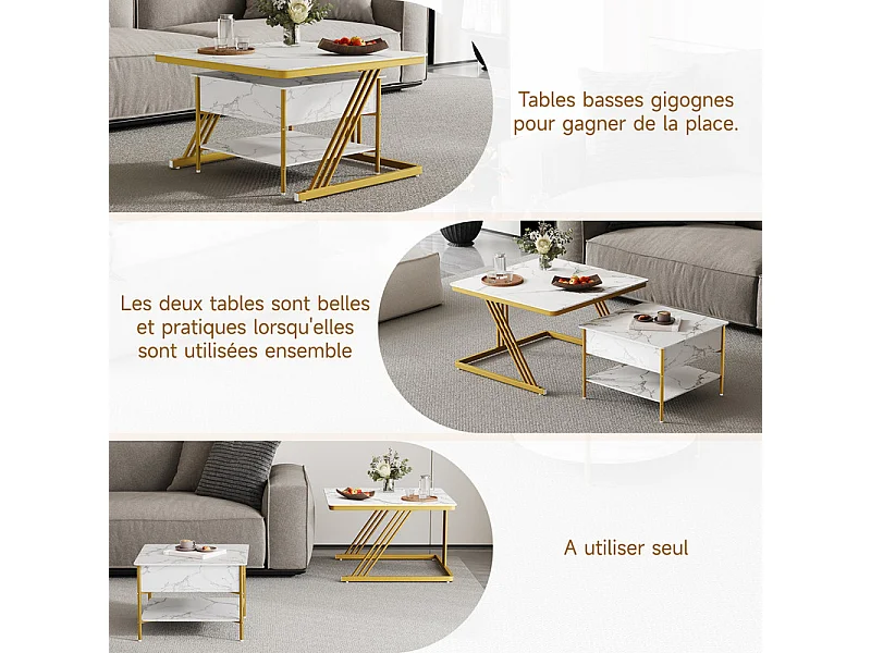 Tables basses gigognes carrée, avec plateau relevable, pieds de métal doré, charge max 80kg, Blanc et doré