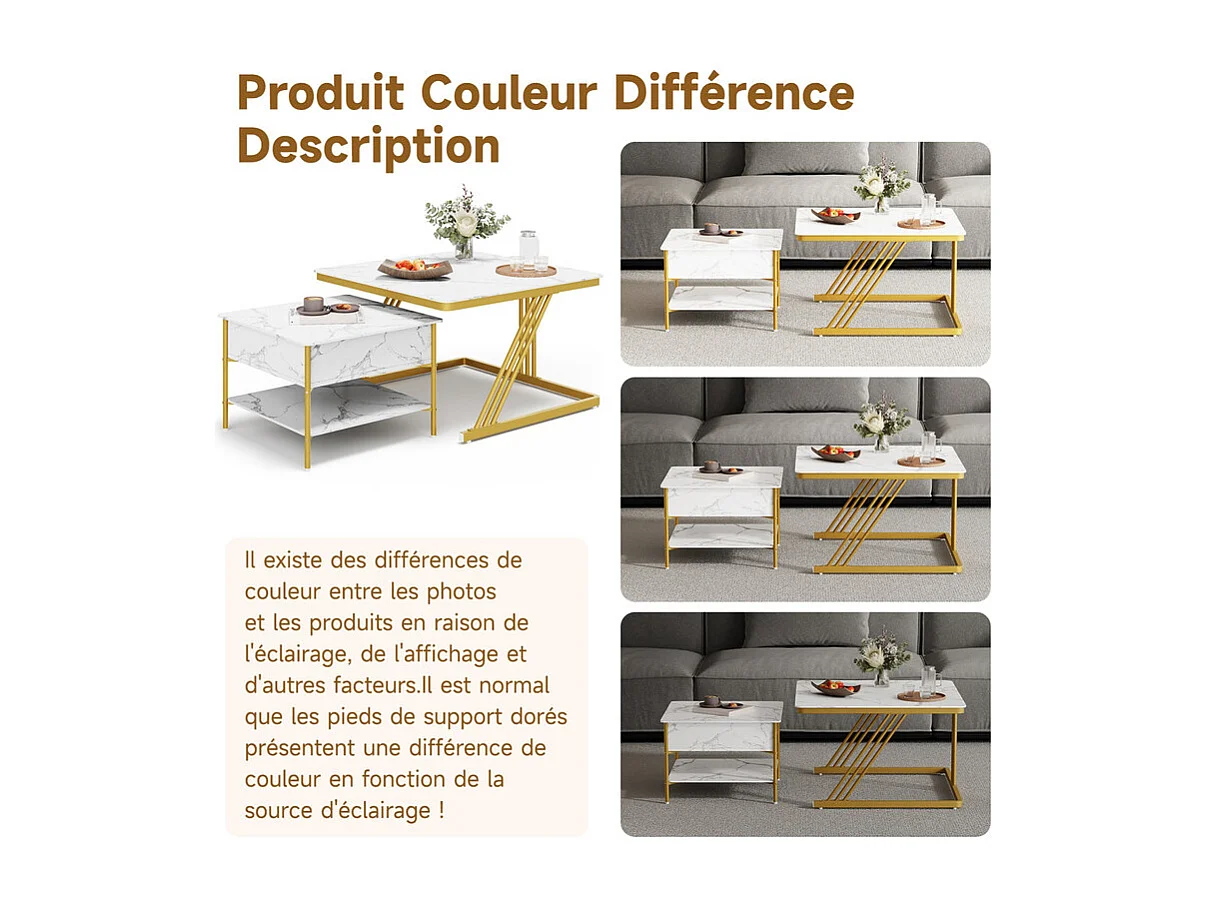 Tables basses gigognes carrée, avec plateau relevable, pieds de métal doré, charge max 80kg, Blanc et doré