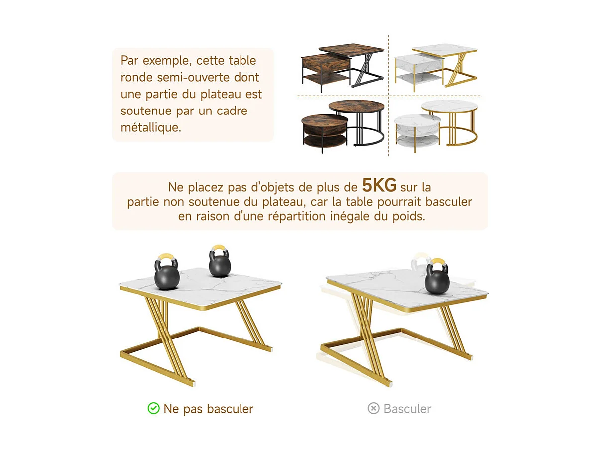 Tables basses gigognes carrée, avec plateau relevable, pieds de métal doré, charge max 80kg, Blanc et doré