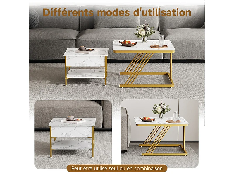 Tables basses gigognes carrée, avec plateau relevable, pieds de métal doré, charge max 80kg, Blanc et doré