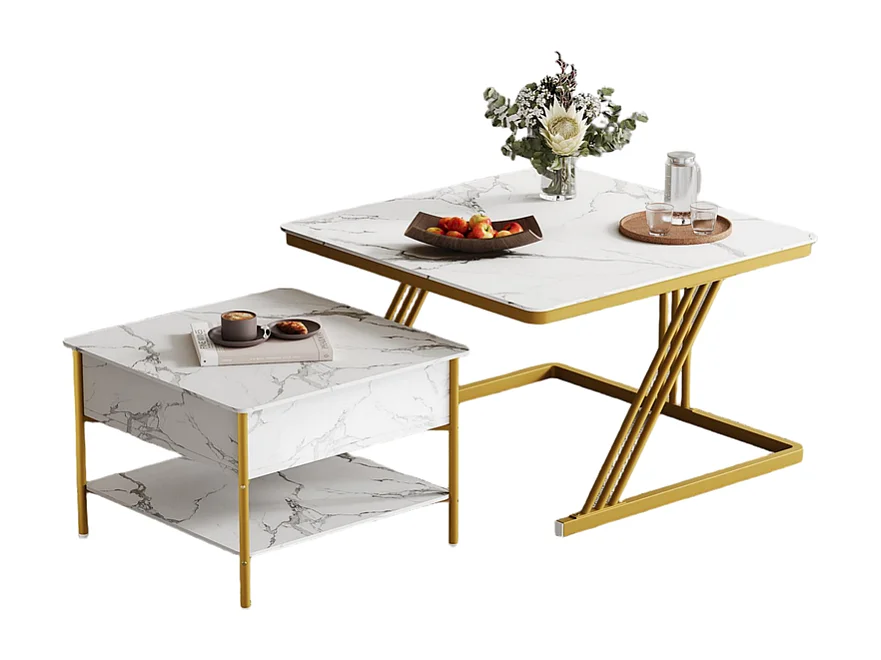 Tables basses gigognes carrée, avec plateau relevable, pieds de métal doré, charge max 80kg, Blanc et doré