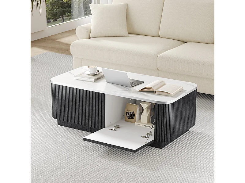 Table Basse rectangulaire en bois avec 2 portes, effet marbre, Noir, 120 x 60 x 35.5 cm