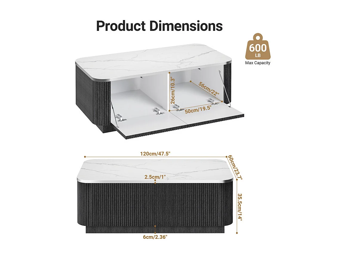 Table Basse rectangulaire en bois avec 2 portes, effet marbre, Noir, 120 x 60 x 35.5 cm