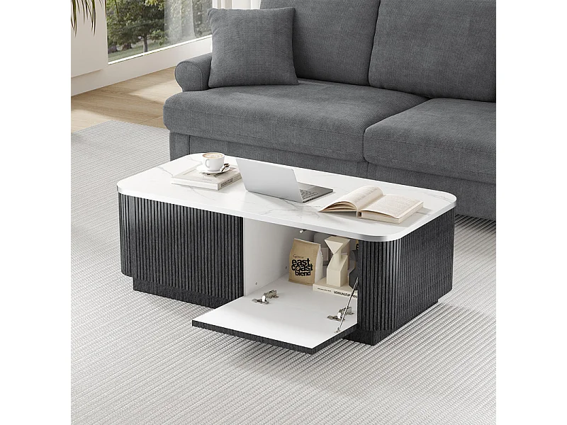 Table Basse rectangulaire en bois avec 2 portes, effet marbre, Noir, 120 x 60 x 35.5 cm