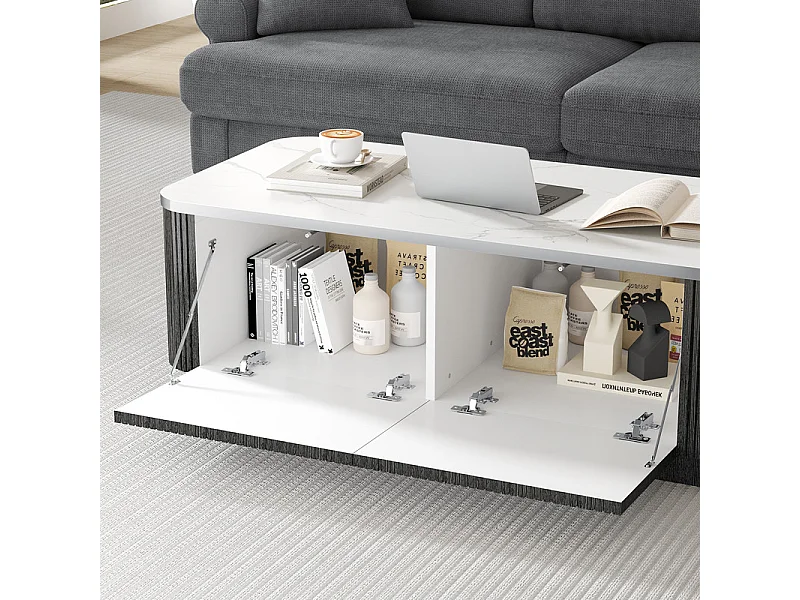 Table Basse rectangulaire en bois avec 2 portes, effet marbre, Noir, 120 x 60 x 35.5 cm