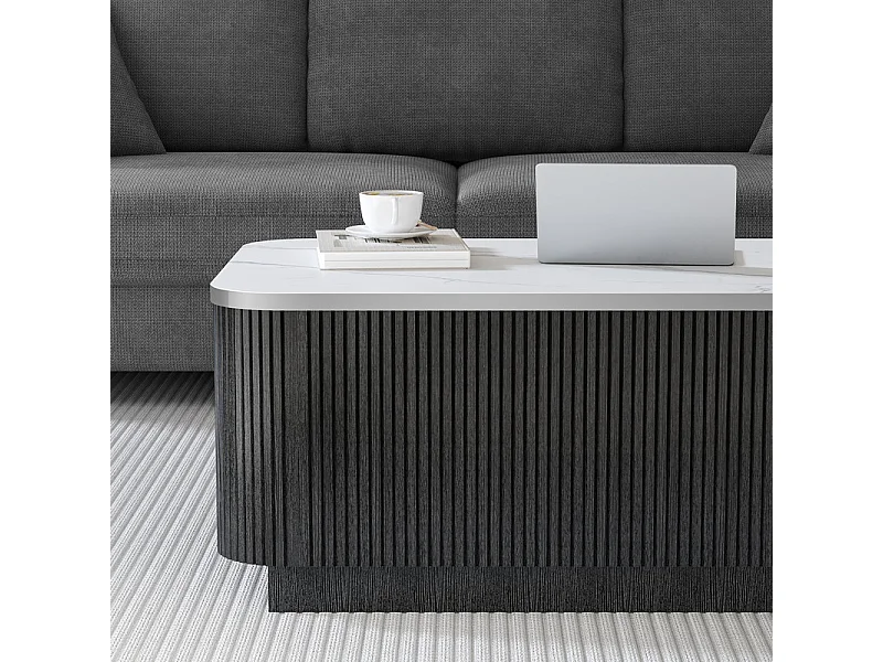 Table Basse rectangulaire en bois avec 2 portes, effet marbre, Noir, 120 x 60 x 35.5 cm