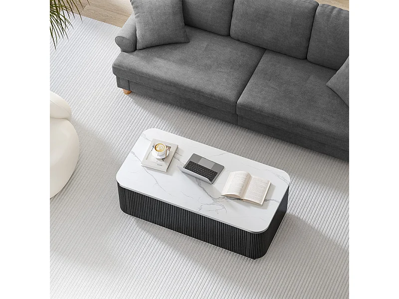 Table Basse rectangulaire en bois avec 2 portes, effet marbre, Noir, 120 x 60 x 35.5 cm