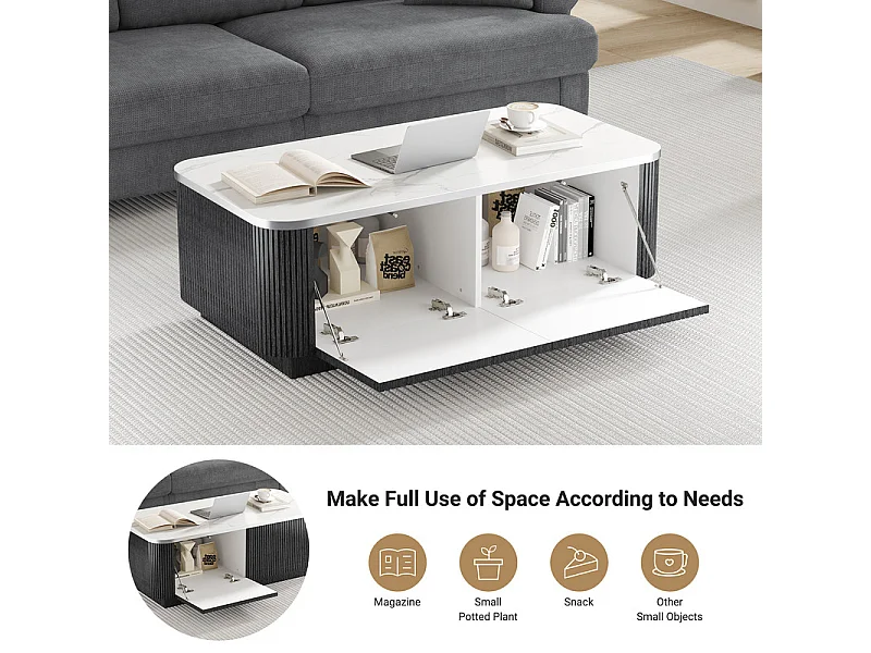 Table Basse rectangulaire en bois avec 2 portes, effet marbre, Noir, 120 x 60 x 35.5 cm