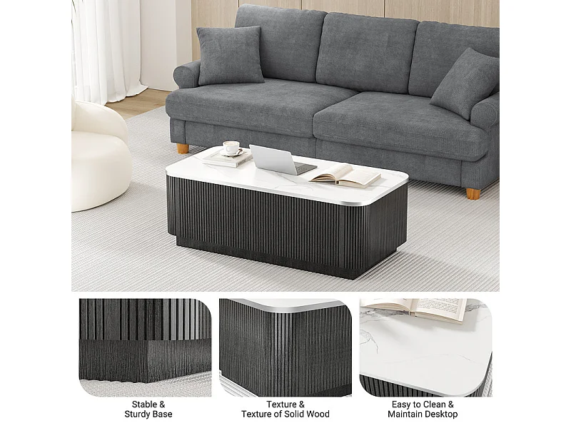 Table Basse rectangulaire en bois avec 2 portes, effet marbre, Noir, 120 x 60 x 35.5 cm