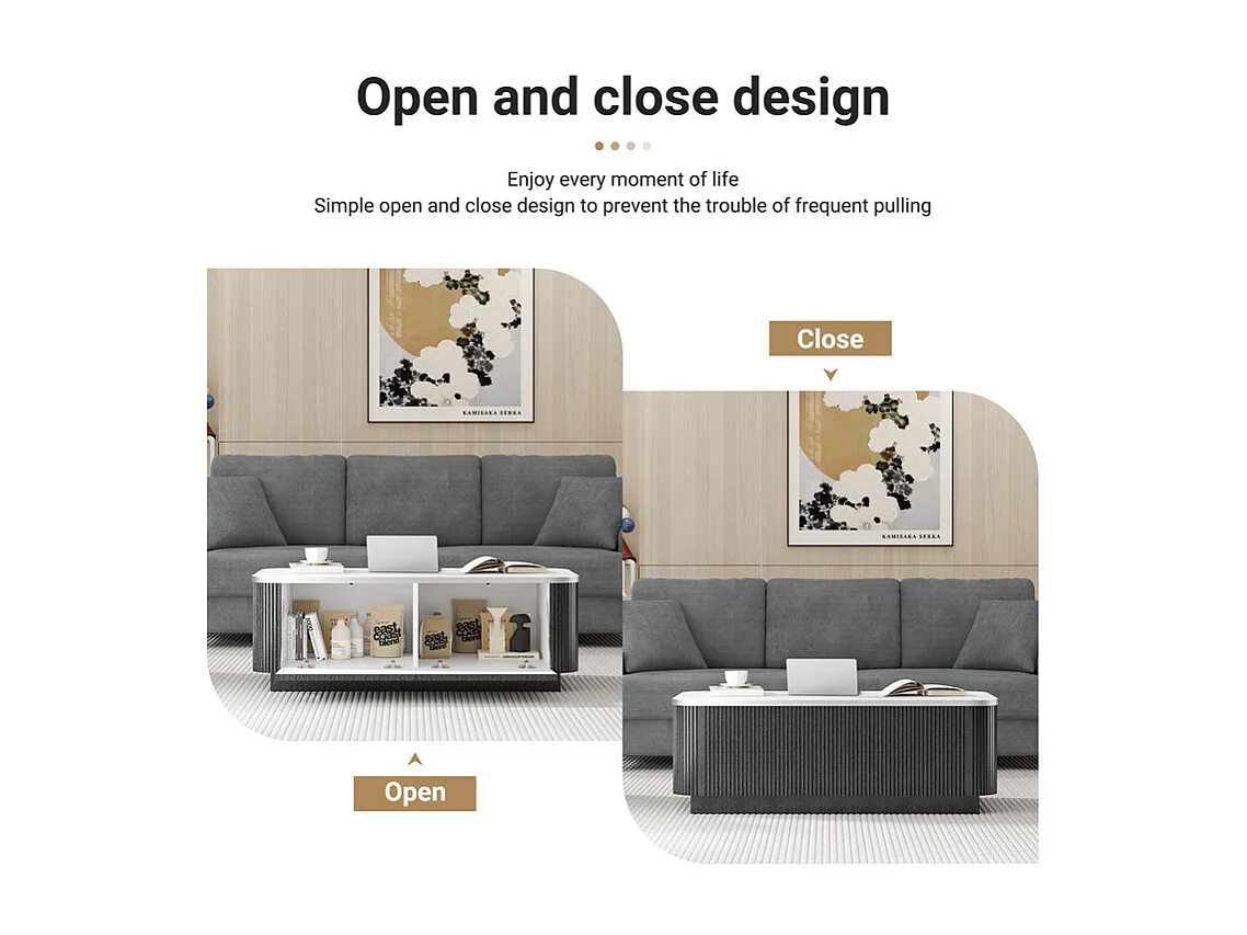 Table Basse rectangulaire en bois avec 2 portes, effet marbre, Noir, 120 x 60 x 35.5 cm