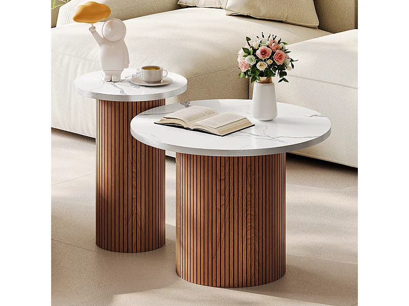 Lot de 2 Tables basses rondes - base de colonne romaine - placage marbre - Marron Chocolat