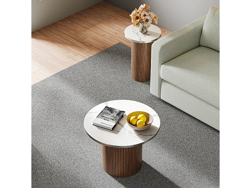 Lote de 2 Mesas bajas redondas - base de columna romana - chapa de mármol - Marrón Chocolate