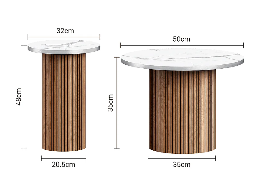 Lot de 2 Tables basses rondes - base de colonne romaine - placage marbre - Marron Chocolat