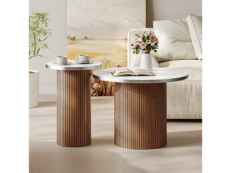 Lot de 2 Tables basses rondes - base de colonne romaine - placage marbre - Marron Chocolat