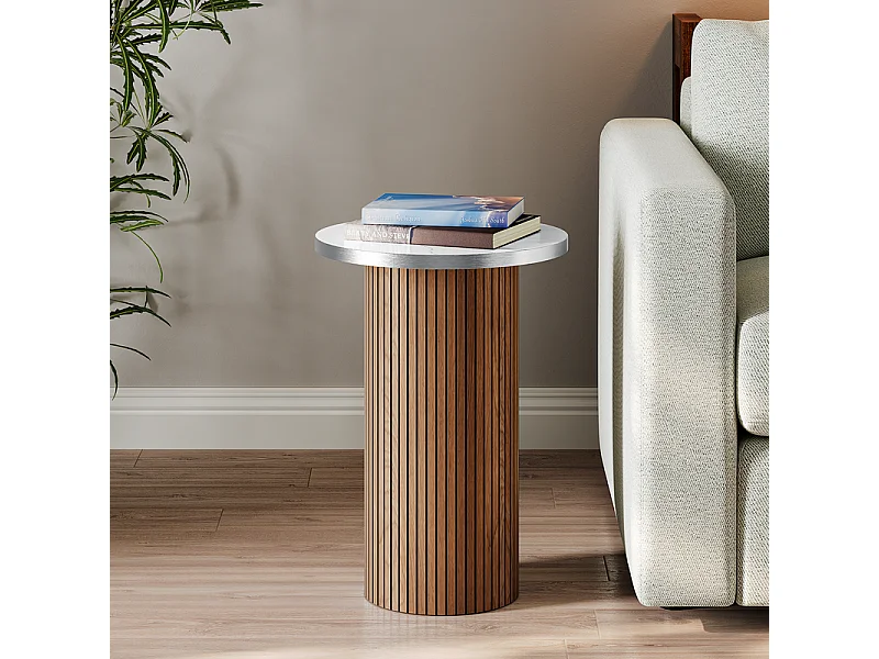 Lot de 2 Tables basses rondes - base de colonne romaine - placage marbre - Marron Chocolat