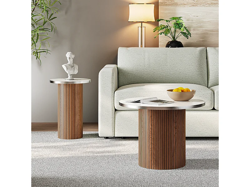 Lot de 2 Tables basses rondes - base de colonne romaine - placage marbre - Marron Chocolat