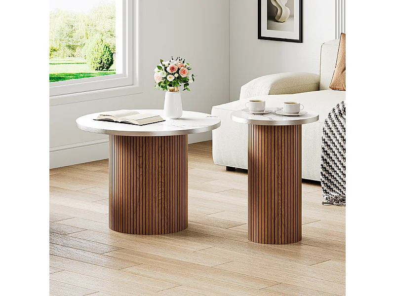 Lot de 2 Tables basses rondes - base de colonne romaine - placage marbre - Marron Chocolat