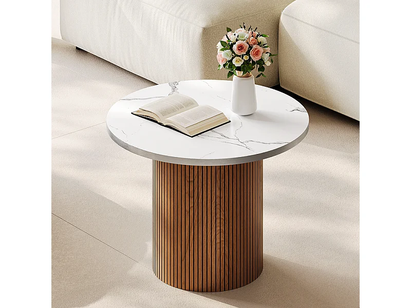 Lot de 2 Tables basses rondes - base de colonne romaine - placage marbre - Marron Chocolat