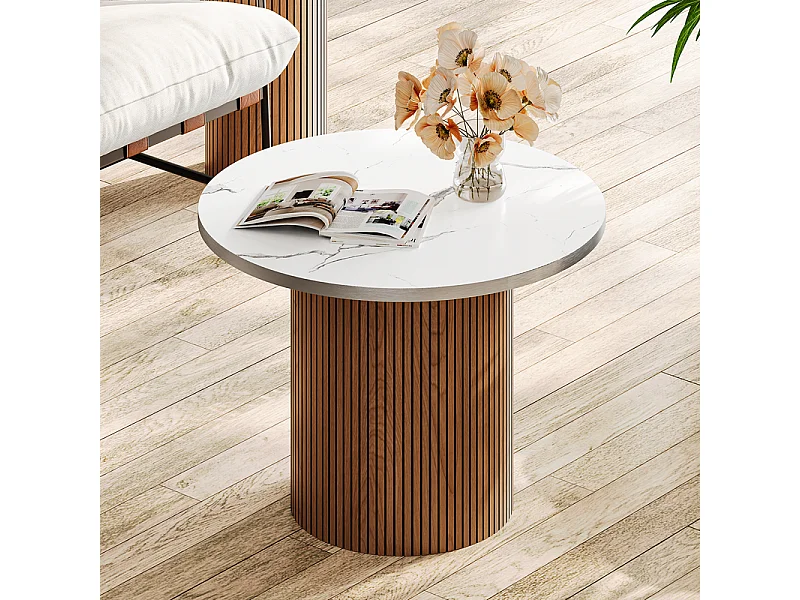 Lot de 2 Tables basses rondes - base de colonne romaine - placage marbre - Marron Chocolat