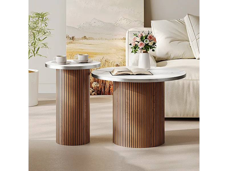 Lot de 2 Tables basses rondes - base de colonne romaine - placage marbre - Marron Chocolat