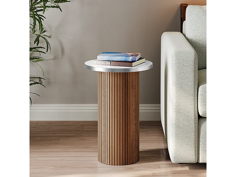 Lot de 2 Tables basses rondes - base de colonne romaine - placage marbre - Marron Chocolat