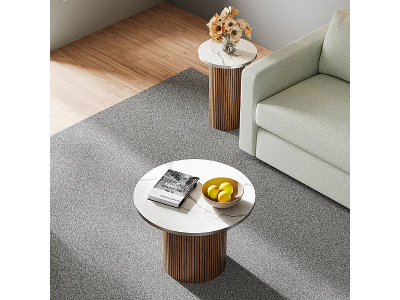 Lot de 2 Tables basses rondes - base de colonne romaine - placage marbre - Marron Chocolat