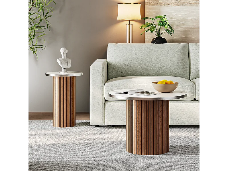 Lot de 2 Tables basses rondes - base de colonne romaine - placage marbre - Marron Chocolat