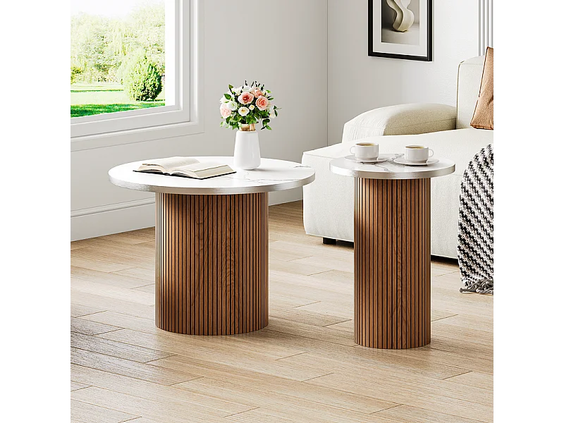 Lot de 2 Tables basses rondes - base de colonne romaine - placage marbre - Marron Chocolat