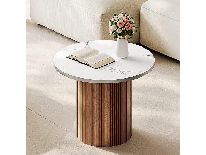 Lot de 2 Tables basses rondes - base de colonne romaine - placage marbre - Marron Chocolat