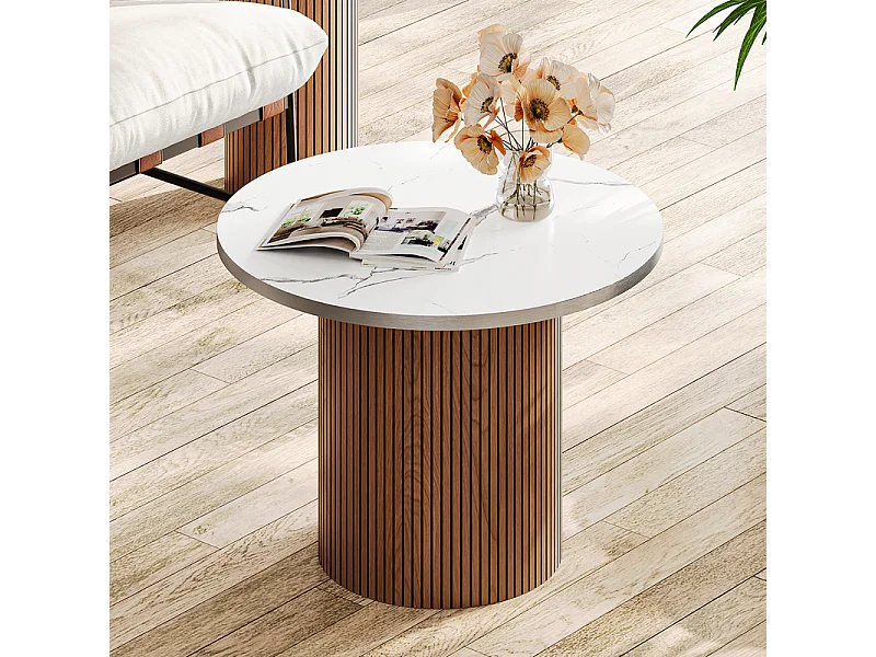 Lot de 2 Tables basses rondes - base de colonne romaine - placage marbre - Marron Chocolat