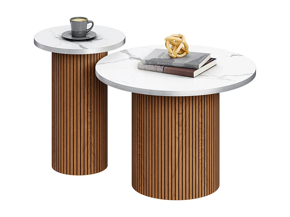 Lot de 2 Tables basses rondes - base de colonne romaine - placage marbre - Marron Chocolat