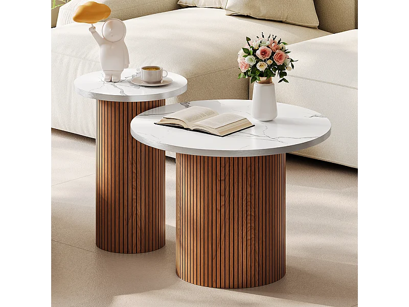 Set von 2 runden Beistelltischen - römische Säulenbasis - Marmorfurnier - Schokoladenbraun