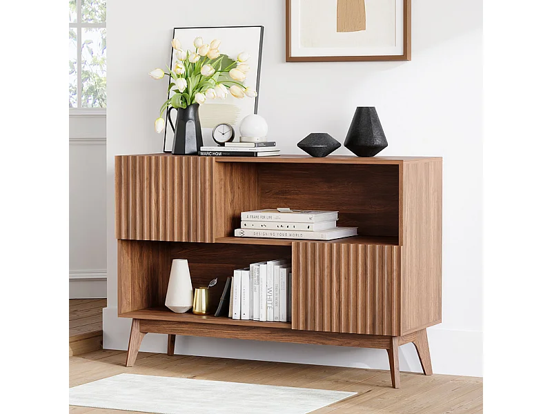 Buffet Moderne avec 2 portes et 2 niches, en Bois, charge max 50kg, Marron Chocolat, 100x38x77cm