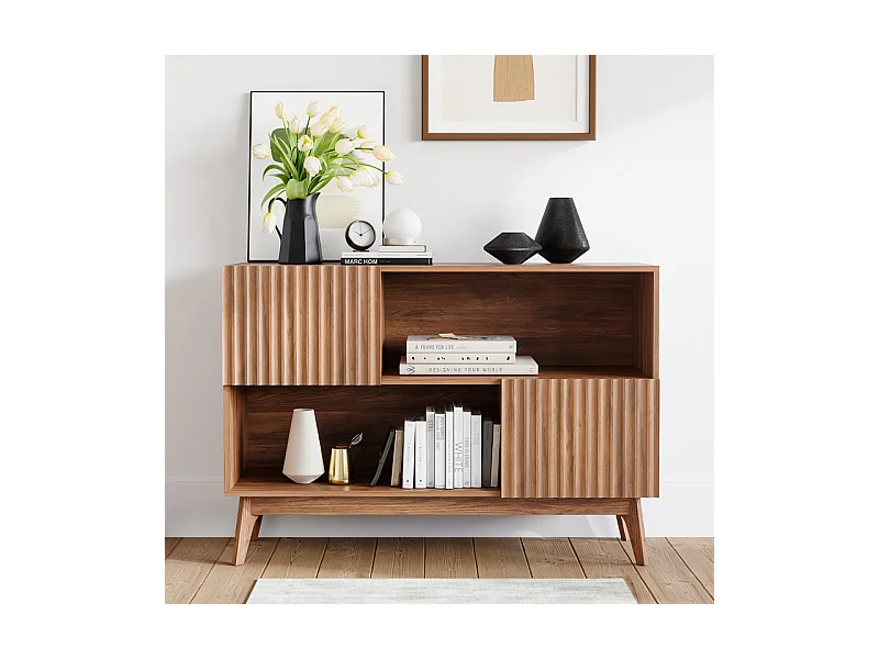 Buffet Moderne avec 2 portes et 2 niches, en Bois, charge max 50kg, Marron Chocolat, 100x38x77cm