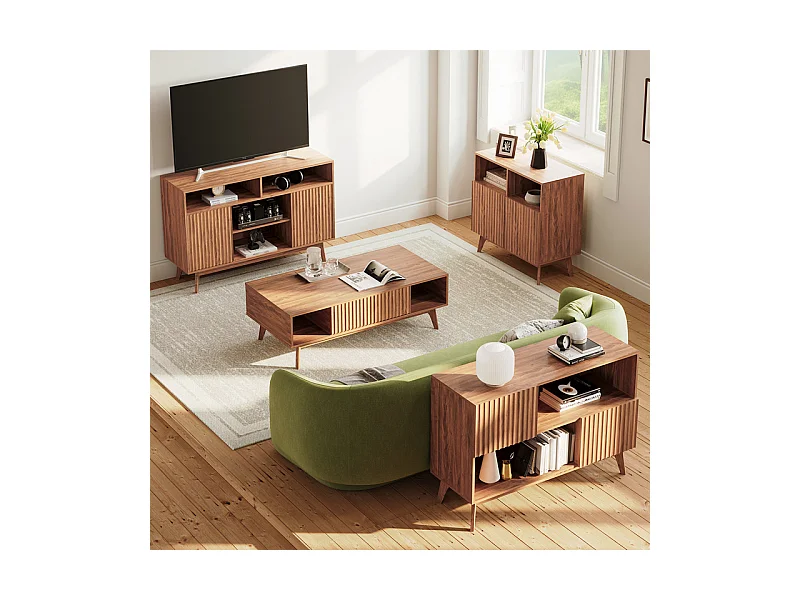 Buffet Moderne avec 2 portes et 2 niches, en Bois, charge max 50kg, Marron Chocolat, 100x38x77cm