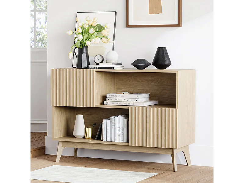 Moderne Buffet met 2 deuren en 2 nissen, in Hout, max belasting 50kg, Natuur licht, 100x38x77cm