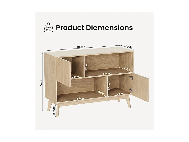Buffet Moderne avec 2 portes et 2 niches, en Bois, charge max 50kg, Naturel clair, 100x38x77cm