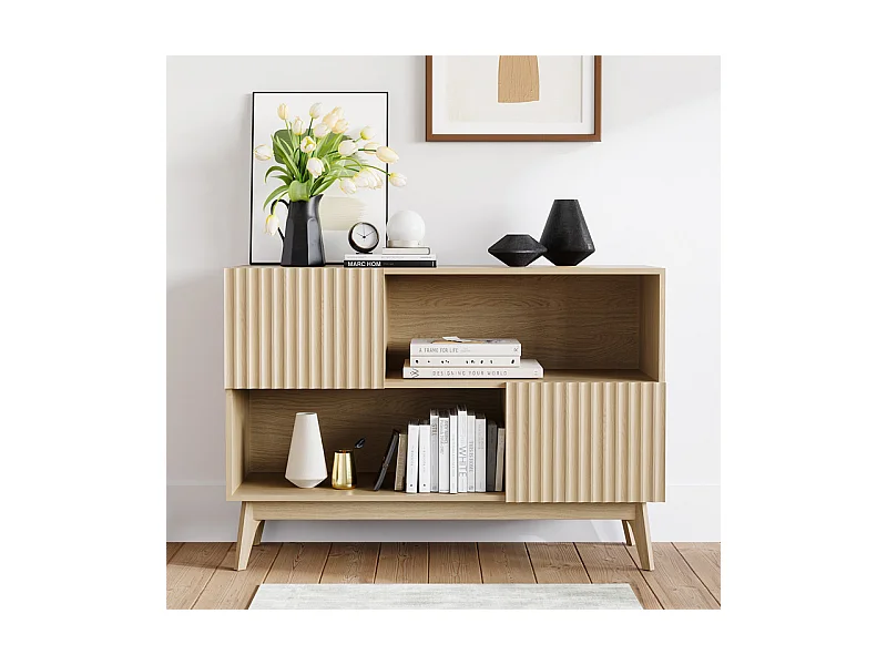 Buffet Moderne avec 2 portes et 2 niches, en Bois, charge max 50kg, Naturel clair, 100x38x77cm